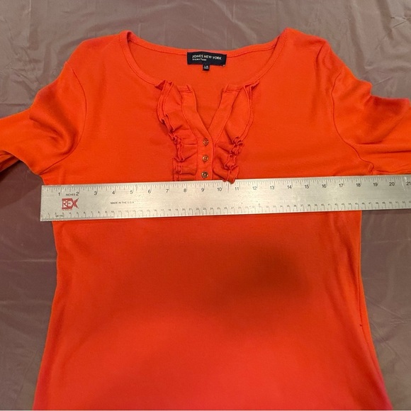 Jones New York Orange and Gold Button Ruffle Neck 3/4 Sleeve Top Size Large - Picture 6 of 8